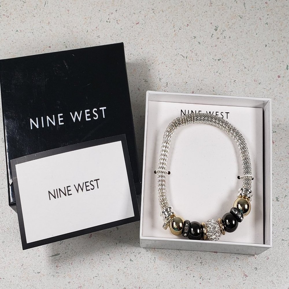Nine West Bracelet Silver Tone Stretch Mesh Gold Silver Rhinestone Beads